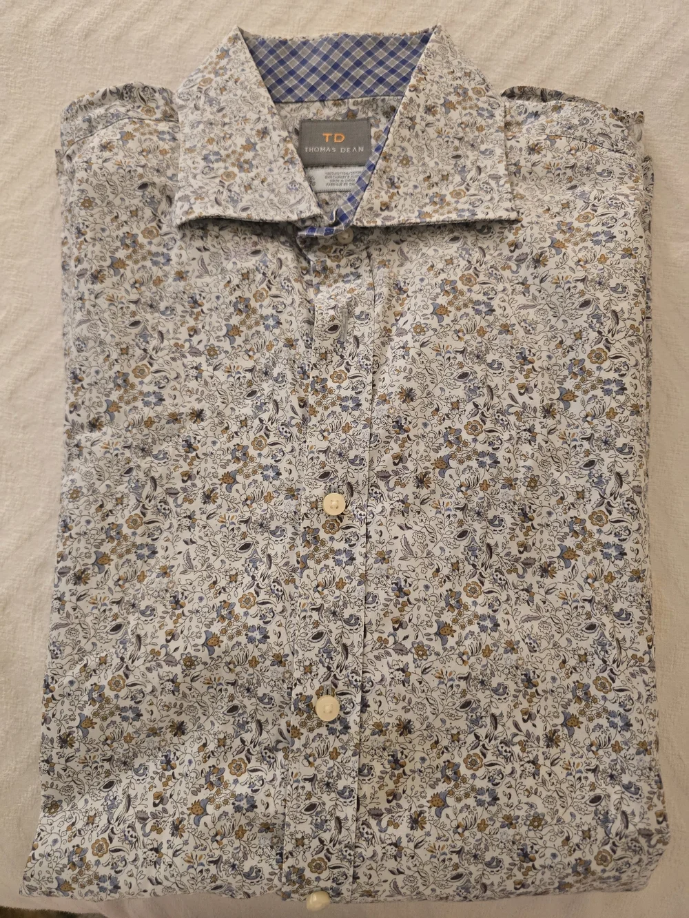 Thomas Dean White Button-Down Shirt with Blue & Brown Floral Print
